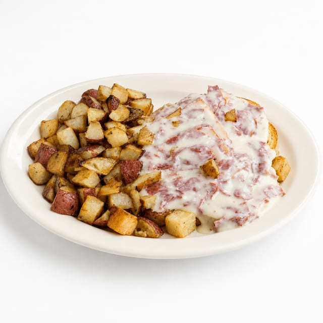 Chipped Beef on Toast with Home Fries Platter.